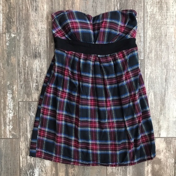 Solemio plaid flannel sweetheart strapless dress Jr size medium - Picture 2 of 5